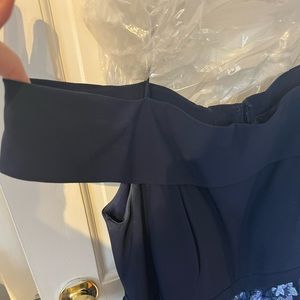 Navy blue floral off the shoulder prom dress